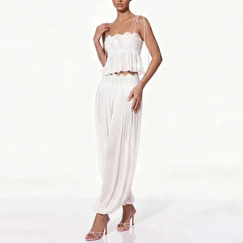 White Sheer Lace Detail Boho Top and Pants Set 