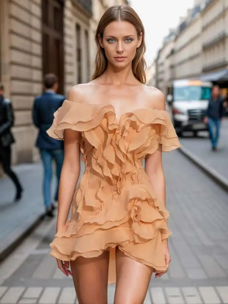 Slash Neck Mini Dress | Champagne | Zalia Atelier