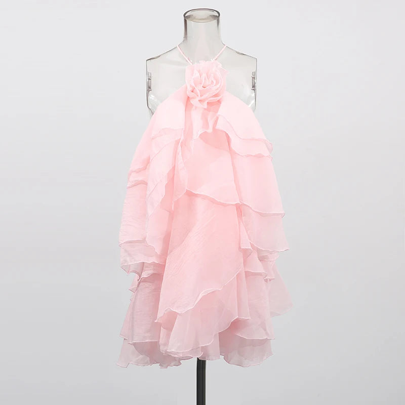 Zalia Atelier | Soft Pink Cascading Ruffles Mini Dress