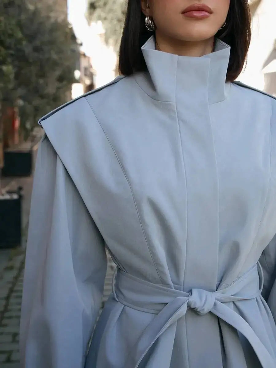 Stand Collar Trench Jacket - Blue