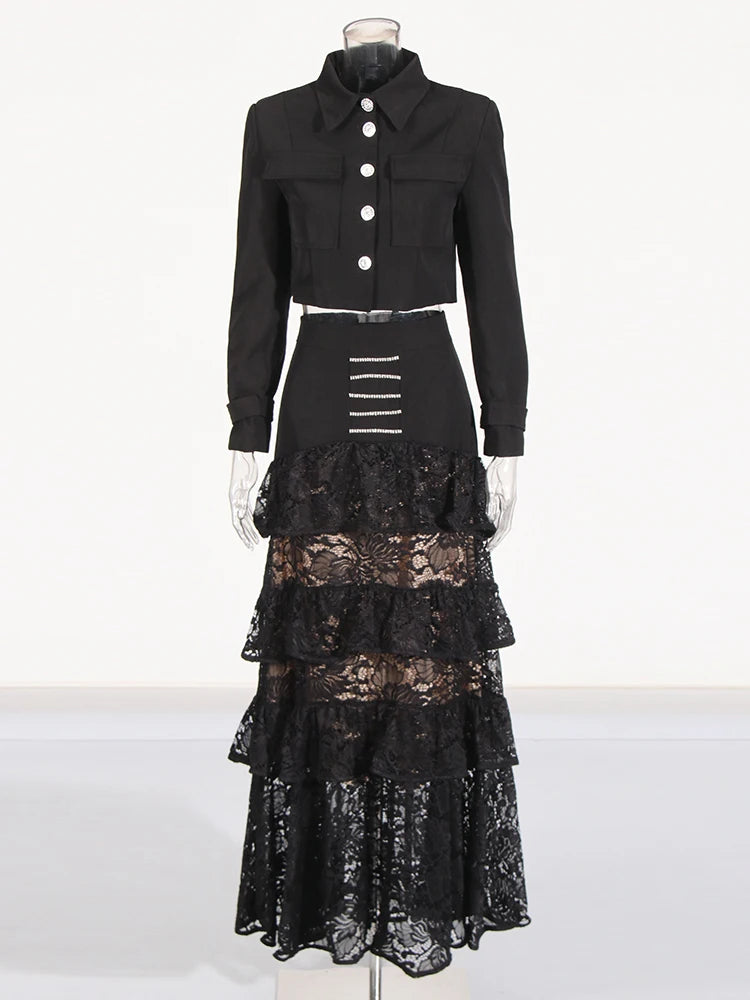 Zalia Atelier | Black Top and Skirt Set with ruffles lace
