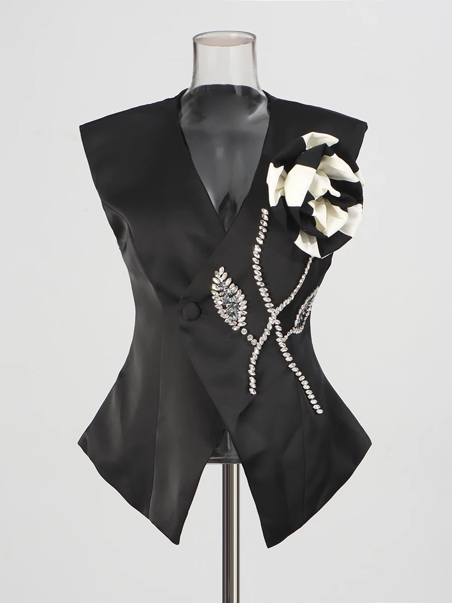 Zalia Atelier | Black Vest With Rhinestones and Applique