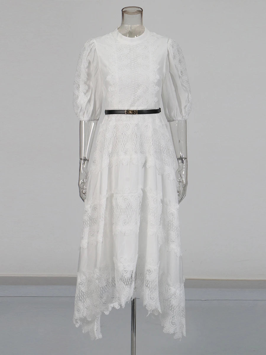 Zalia Atelier | White Belted embroidered Lace Dress