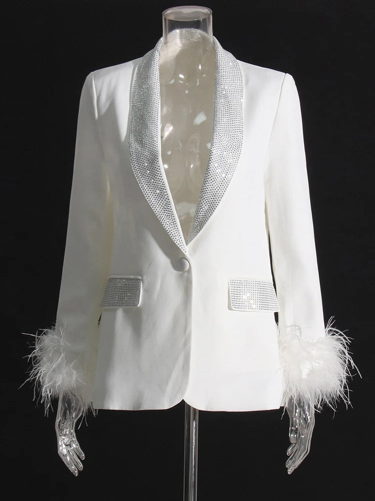Zalia Atelier | White Blazer with Feather Trim Cuffs
