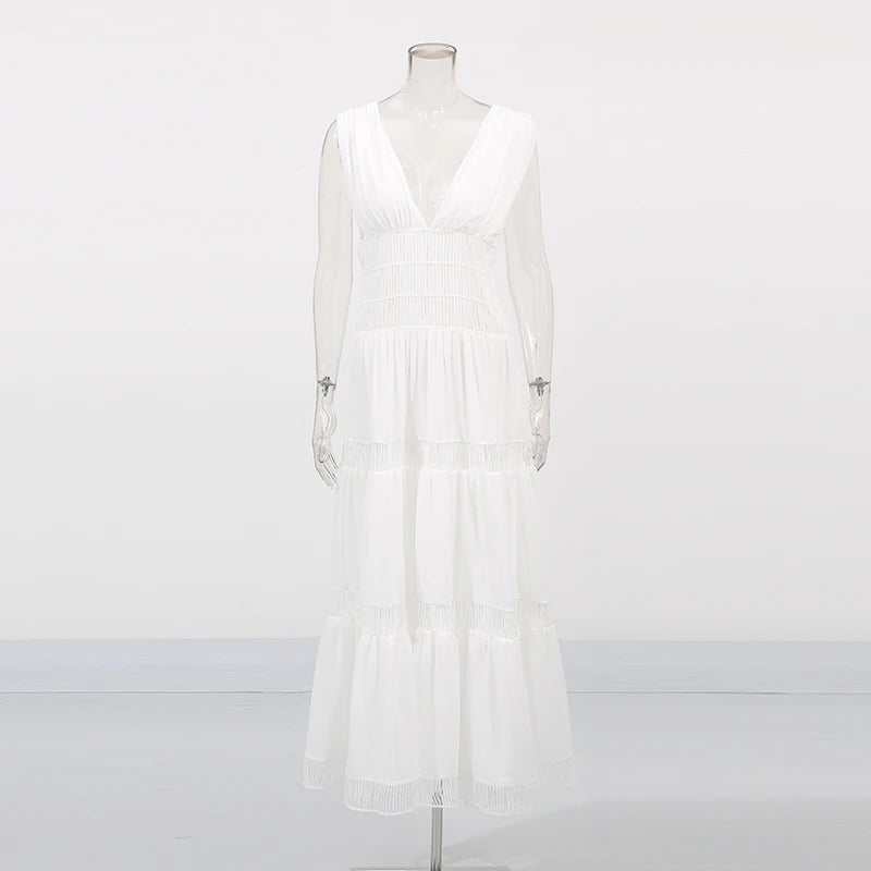 Zalia Atelier | White Deep V Neck Dress