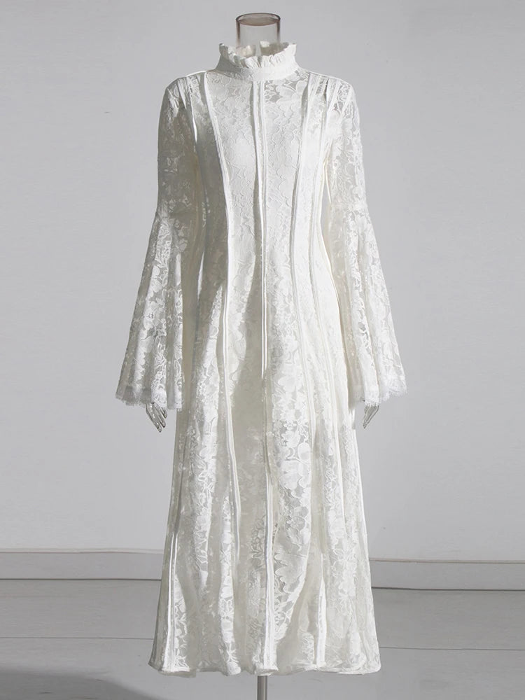 Zalia Atelier | White Lace Midi Dress Flare Sleeves