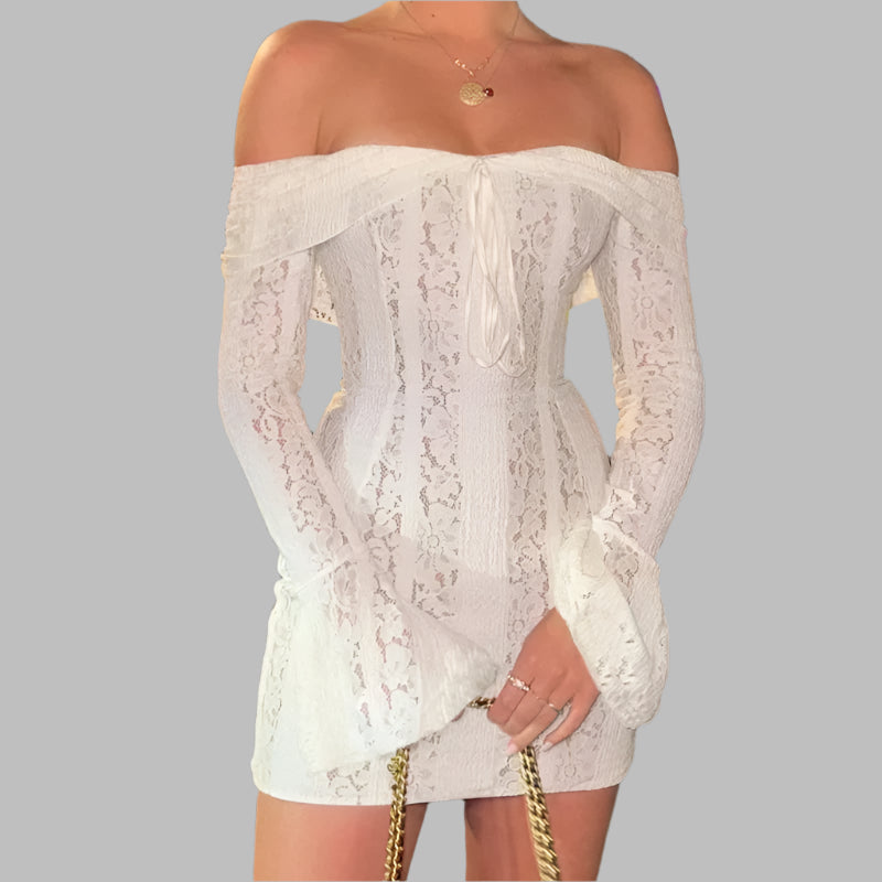 Off-Shoulder Lace Mini Dress - White / M Off-Shoulder Lace Mini Dress - White / M