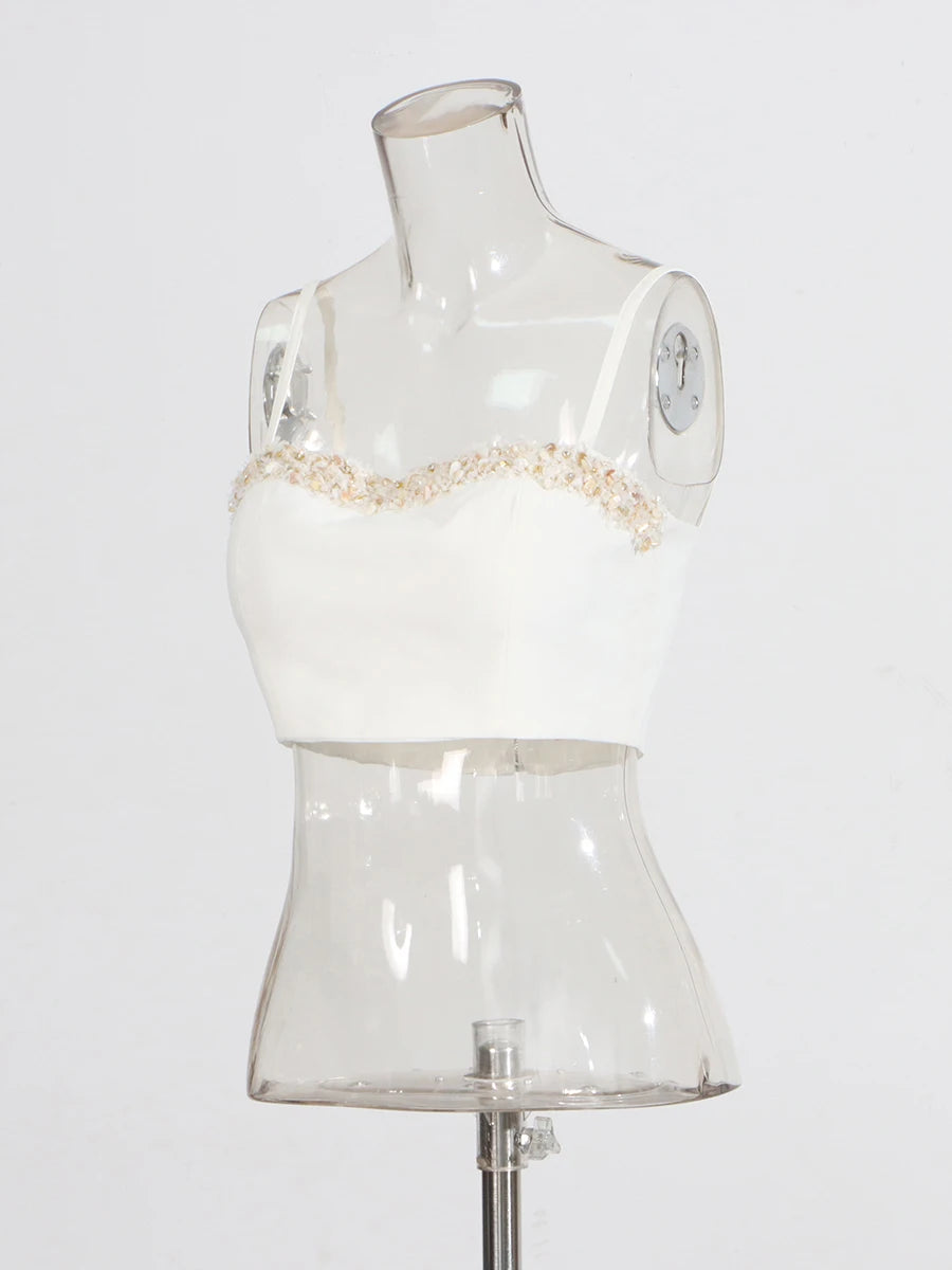 Zalia Atelier | White Tank Top with Beads