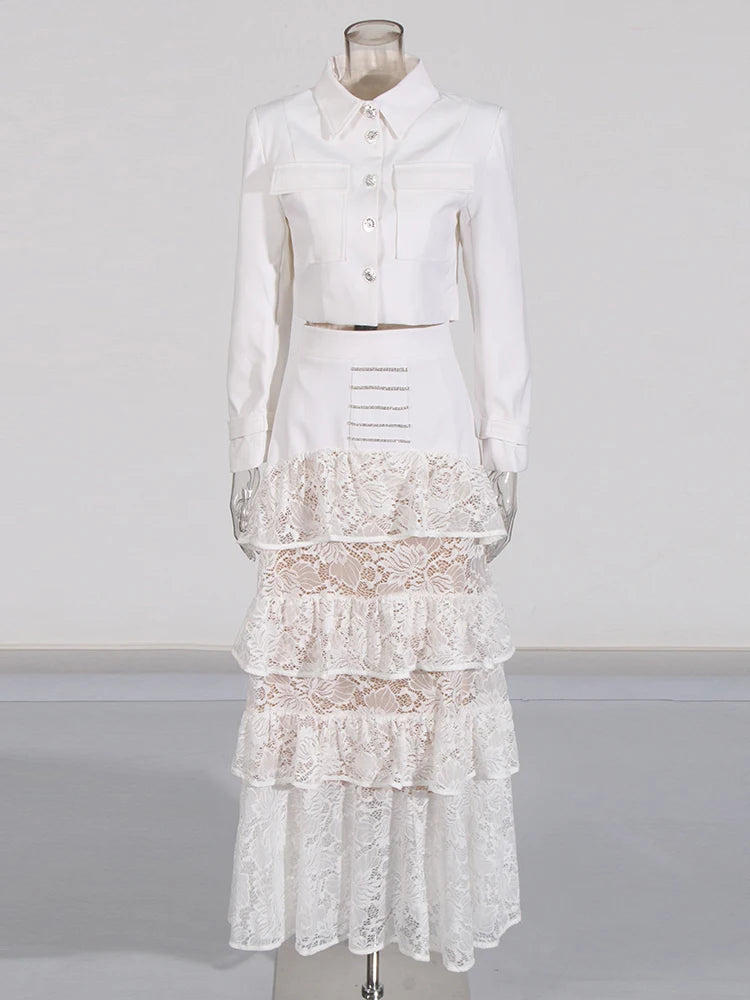 Zalia Atelier | White Top and Ruffles Lace Skirt Set