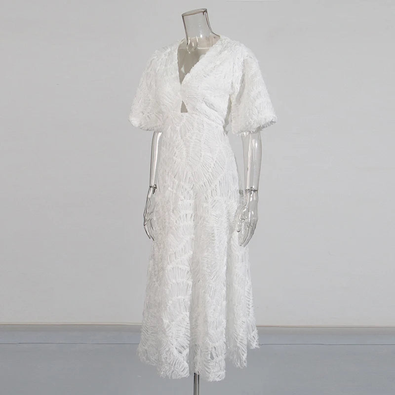Zalia Atelier - White Woven Textured Midi Dress