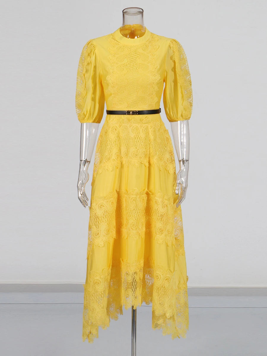 Zalia Atelier | Belted Yellow Embroidered Lace Dress