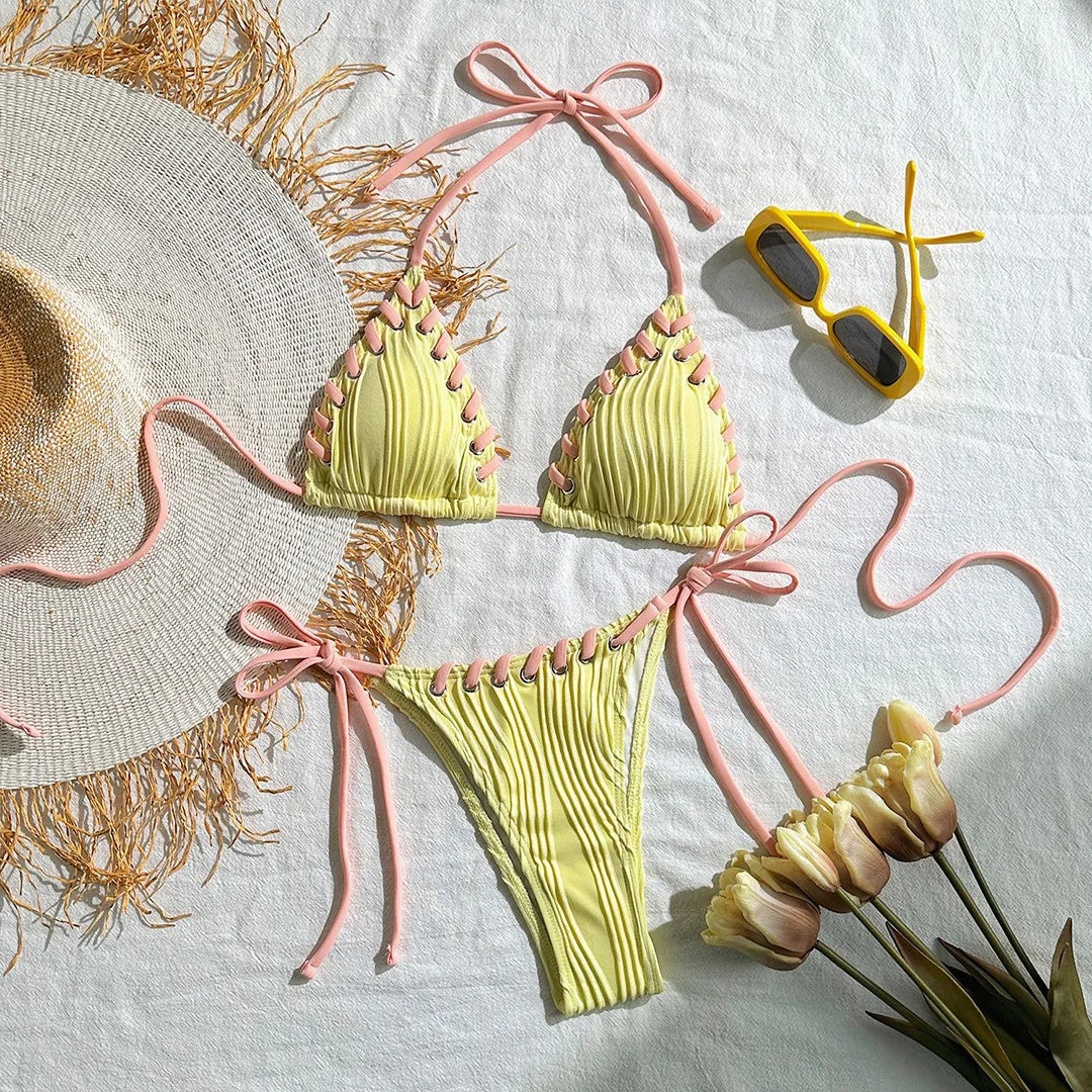 Zalia Atelier | Yellow Halter Ribbed Bikini