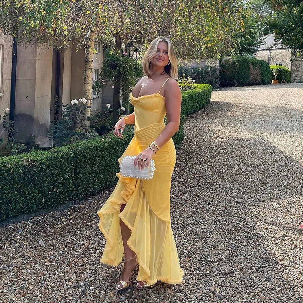 Yellow Mesh Ruffled Front Gown | House of CB Dupe