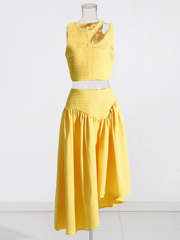 Zalia Atelier | Yellow top and midi skirt set, shoulder cut out top with rhinestones