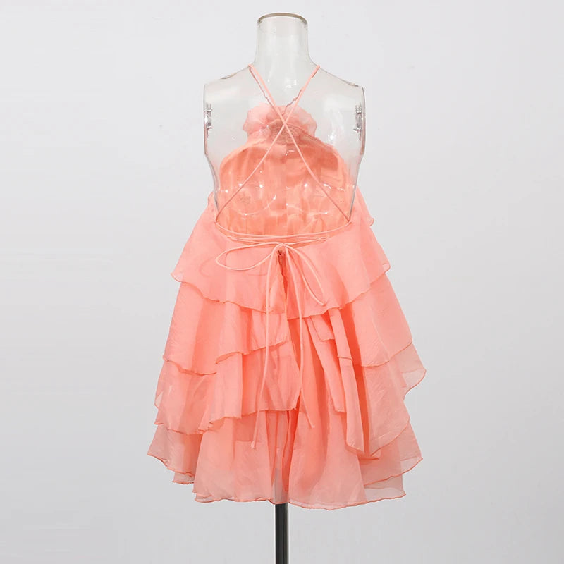 Zalia Atelier | Salmon Pink Cascading Ruffles Mini Dress | Back