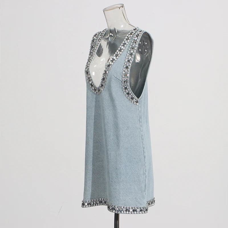 Zalia Atelier Light blue sleeveless denim dress with rhinestone trim