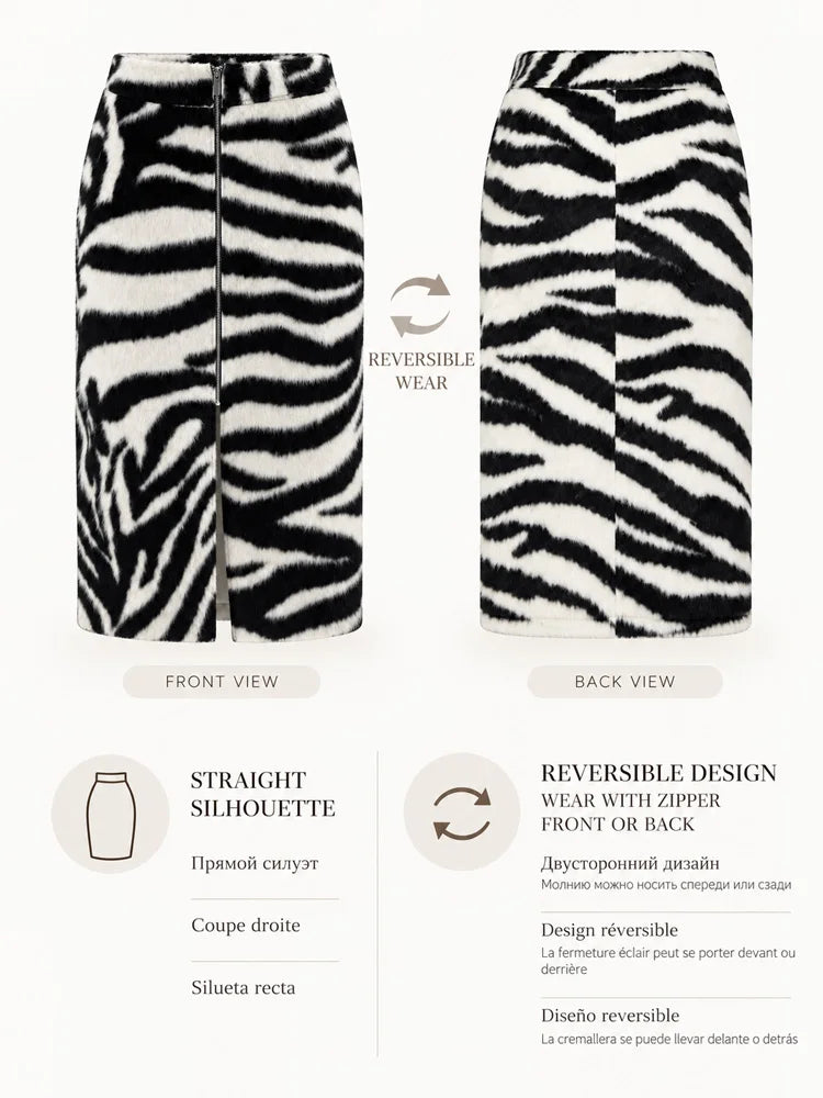 Zalia Atelier | Zebra Faux Fur Midi Skirt | Reversible