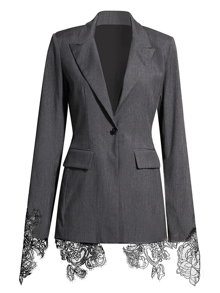 A black patchwork embroidery lace blazer with a notched collar and long sleeves for women, featuring a single button closure and lace decoration.