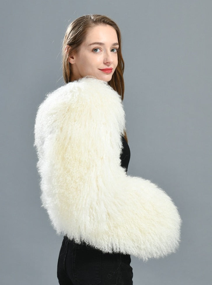 White mongolian sleeve cropped coat