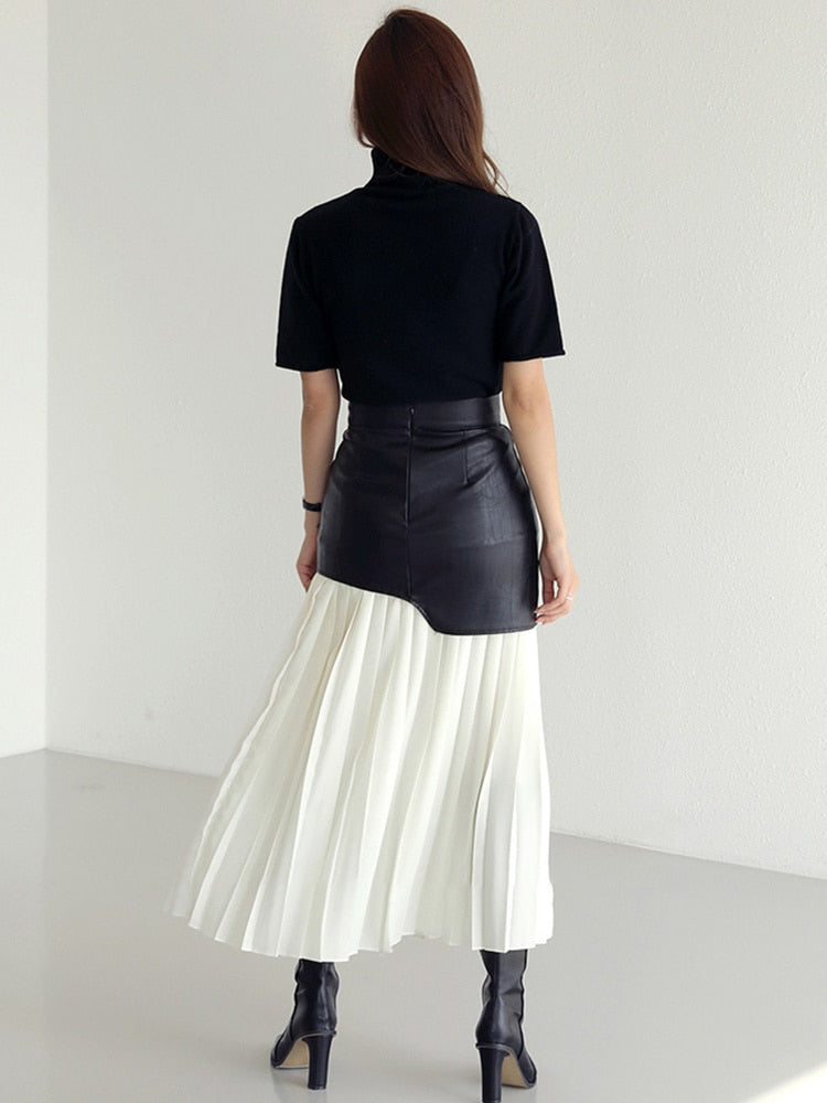 Patchwork PU Leather and heavy chiffon midi skirt | Chic style fashion | Zalia Atelier