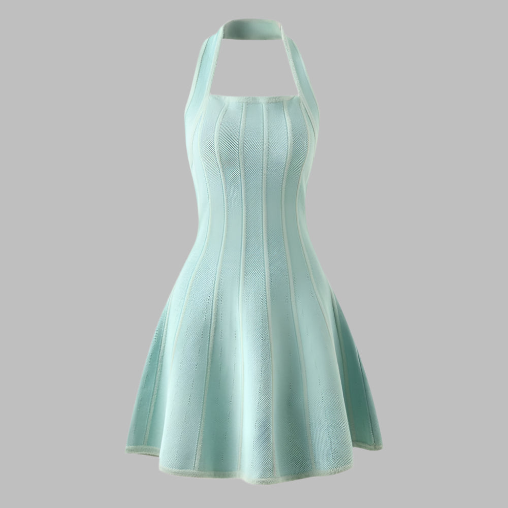 Light Blue Knitted Dress | Chic Style | Halter Neck | A line Silhouette | Designer Inspired Balmain Dupe